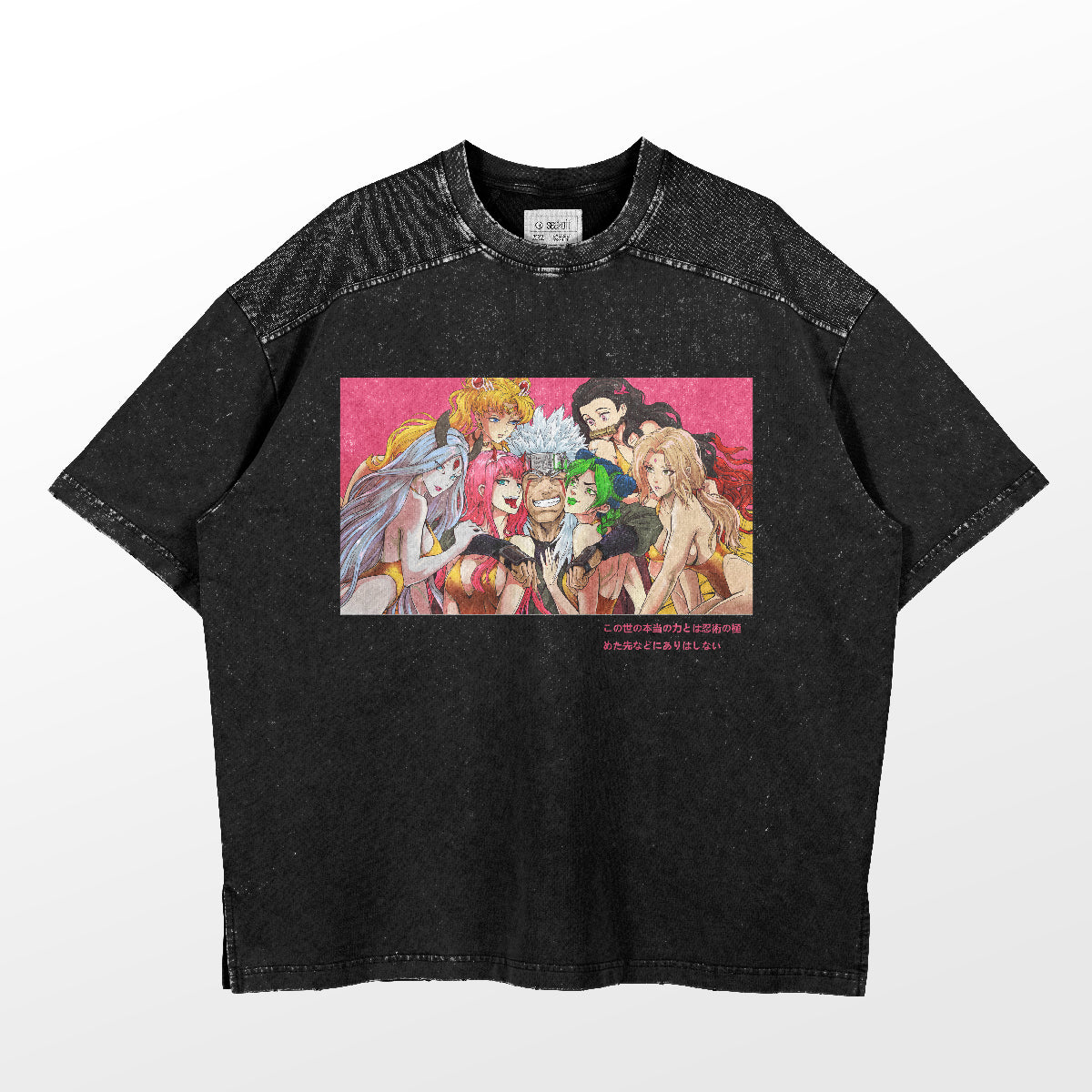 The Naruto Jiraiya with Characters T-Shirt by Naruto features a colorful group of animated characters, including Naruto and Jiraiya, set against a red background with Japanese text, ideal for anime apparel fans.
