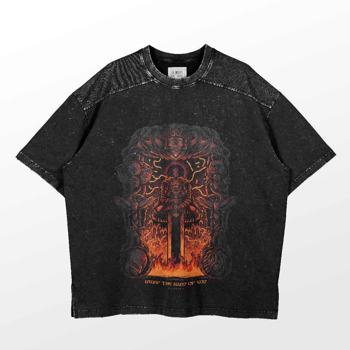 The Berserk "Usurp the Hand of God" oversized tee in washed black features a dark fantasy graphic design with a winged figure, sword, flames, and intricate patterns. The edgy aesthetic is completed with "UNDER THE HAND OF GOD" at the bottom.
