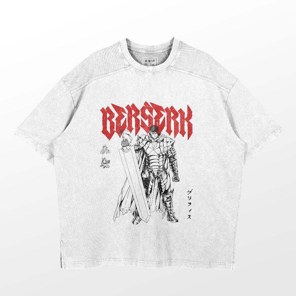 The Berserk Guts Washed Vintage T-Shirt showcases a warrior in Guts armor with a large sword and two smaller figures. "Berserk" is prominently displayed in red, with Japanese characters on the side, embodying anime streetwear. Made from 260 GSM high-quality cotton for durability.