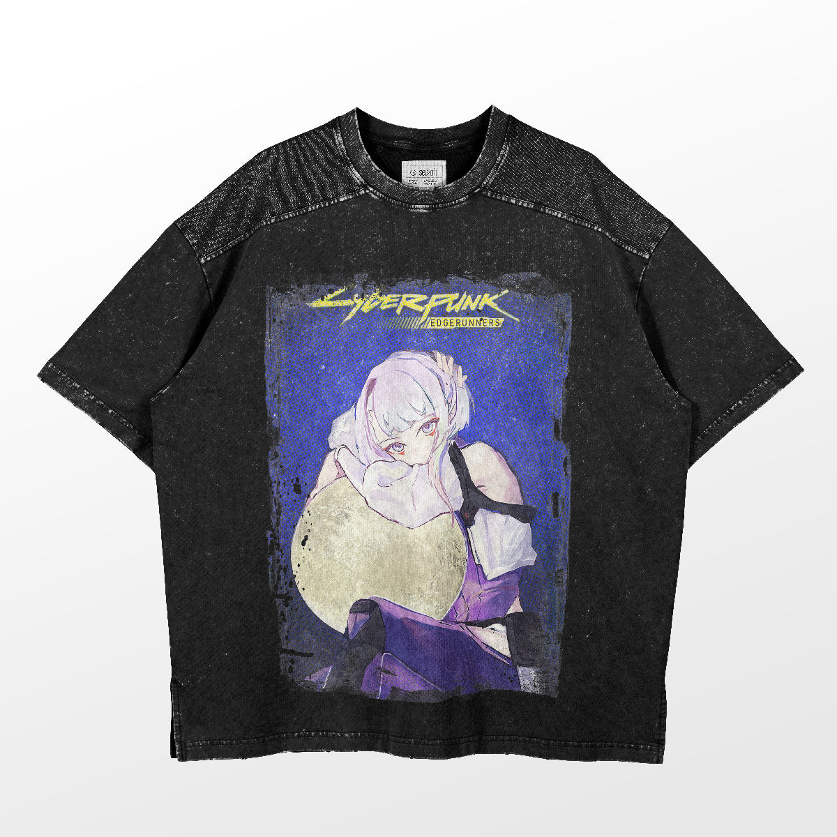 The Cyberpunk Shirt by Cyberpunk is a high-quality black cotton T-shirt featuring a graphic design with an anime-style character, "Cyberpunk Edgerunners" text, and a blue background. Ideal for summer fashion, its distressed finish enhances its edgy appeal.