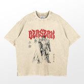 The Berserk Guts Washed Vintage T-Shirt by Berserk features anime streetwear style in beige with Guts in armor, a massive sword, bold red "BERSERK" lettering, intricate graphics, and Japanese text—embodying adventure and strength. Made from 260 GSM high-quality cotton.