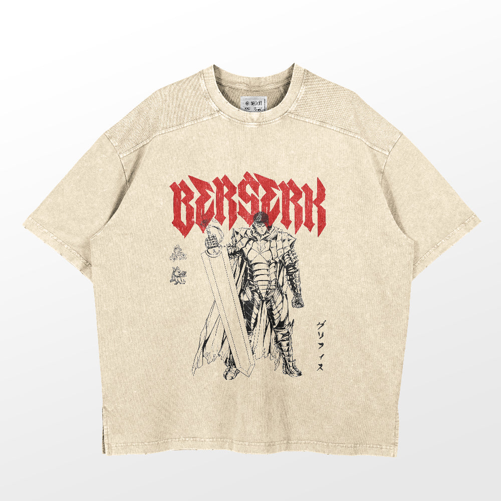The Berserk Guts Washed Vintage T-Shirt by Berserk features anime streetwear style in beige with Guts in armor, a massive sword, bold red "BERSERK" lettering, intricate graphics, and Japanese text—embodying adventure and strength. Made from 260 GSM high-quality cotton.