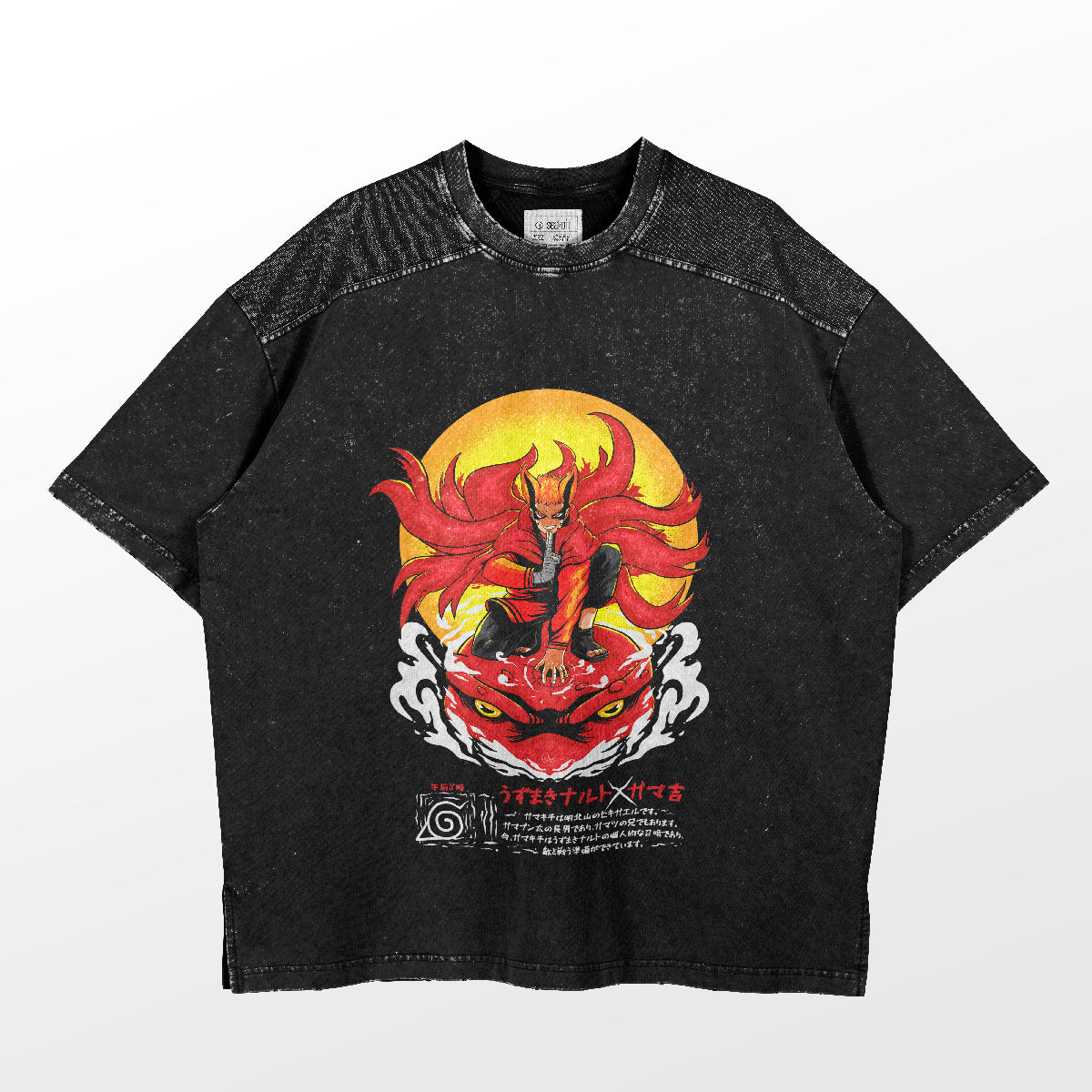 The Naruto Kurama Fusion T-Shirt features a black fabric with an animated red-haired character on a red creature against a yellow circle. Striking white and red text completes this premium anime apparel, embodying the exclusive Naruto design experience.