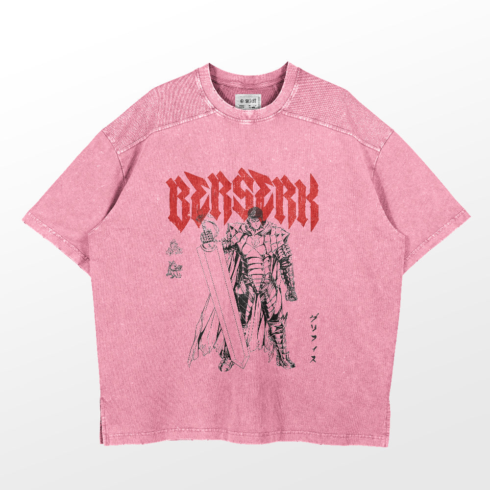 The Berserk Guts Washed Vintage T-Shirt, a pink oversized anime streetwear piece by Berserk, features a bold black and red graphic of Guts in his armor with a massive sword. "Berserk" is displayed in striking red letters above him, complemented by Japanese text for an edgy look.
