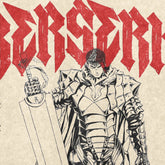 A detailed illustration of a character in Guts armor with a large sword and bold red lettering, reminiscent of manga art. Perfect for fans of Berserk T-shirts, this is part of the Berserk brand&