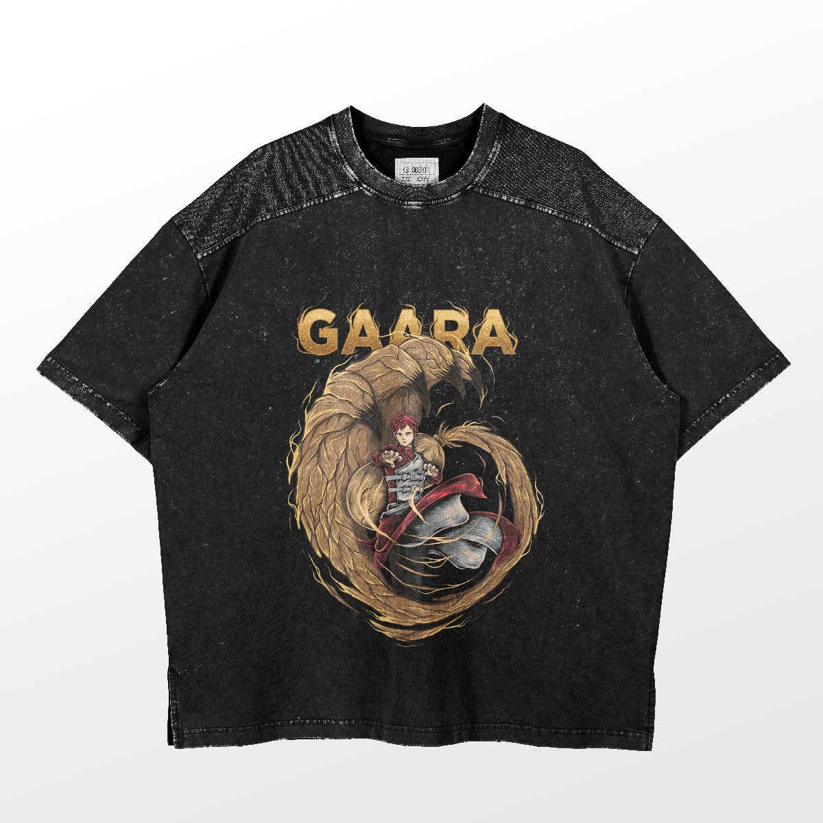 The Naruto Gaara Sand Manipulation T-Shirt features a graphic of Gaara with swirling sand, "GAARA" text on top, and a textured upper section highlighting his sand manipulation skills.