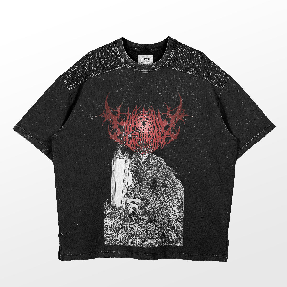 The Berserk-Inspired Graphic T-Shirt by Berserk features a washed black, oversized design with an abstract red logo and intricate gothic aesthetics. It showcases Guts in Berserker Armor holding a sword, has short sleeves, and a crew neck.