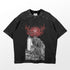 The Berserk-Inspired Graphic T-Shirt by Berserk features a washed black, oversized design with an abstract red logo and intricate gothic aesthetics. It showcases Guts in Berserker Armor holding a sword, has short sleeves, and a crew neck.