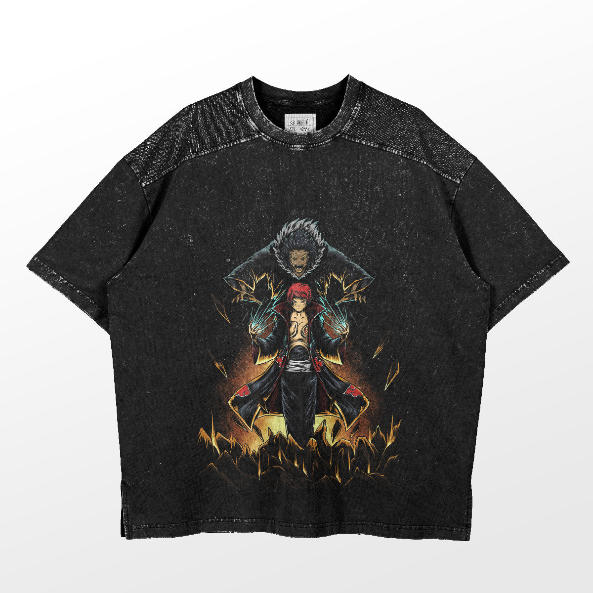 The Sasori and Hiruko T-Shirt by Naruto, featuring a vibrant anime-style character with red hair and a dark creature, is perfect for any fan. Its fiery, jagged elements mimic the Puppet Master design, giving this premium anime apparel a textured appearance.
