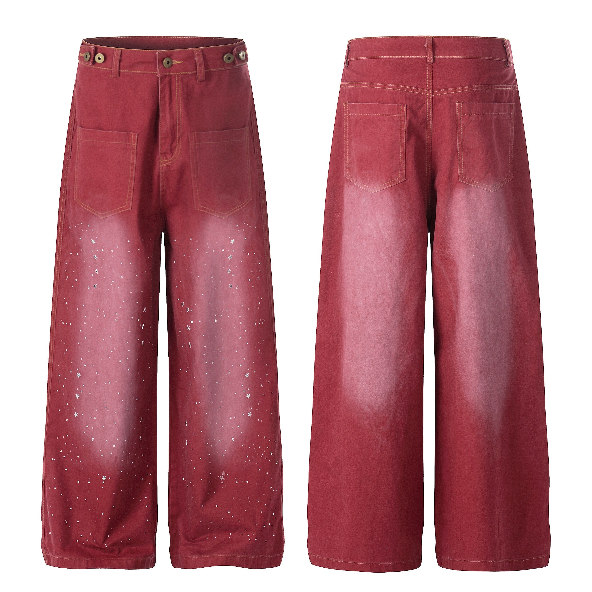 Vintage Red Wide-Leg Jeans with Rhinestone Detail | SEAKOFF – Seakoff