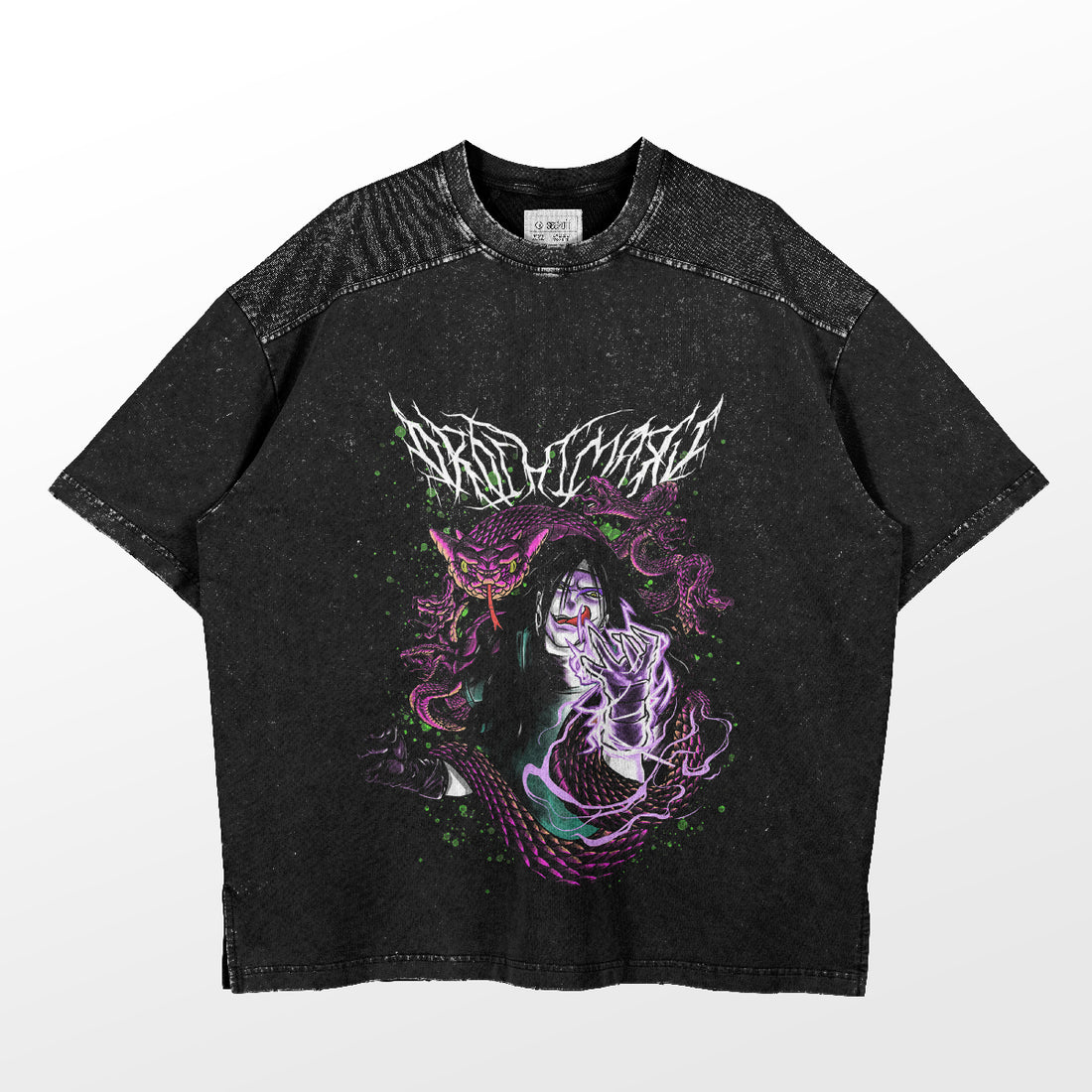 The Orochimaru T-Shirt from Naruto features the Snake Master Design with a long-haired figure amid swirling purple and green accents. This black tee captivates with vivid colors and intricate details, ideal for any anime fan seeking stylized flair.