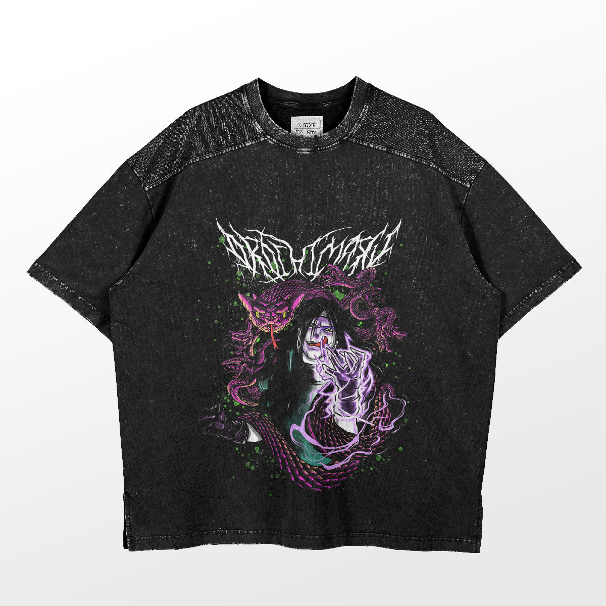 The Orochimaru T-Shirt from Naruto features the Snake Master Design with a long-haired figure amid swirling purple and green accents. This black tee captivates with vivid colors and intricate details, ideal for any anime fan seeking stylized flair.