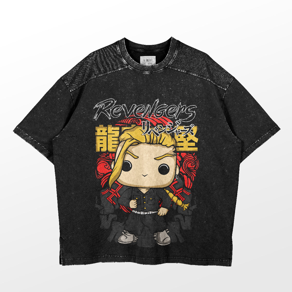 The Tokyo Revengers Shirt by Tokyo Revengers is a high-quality cotton black T-shirt featuring a cartoon character with long blond hair and braids in a dark outfit. It has "Revengers" above in stylized text, with Japanese characters and red floral graphics, ideal for casual daily wear.
