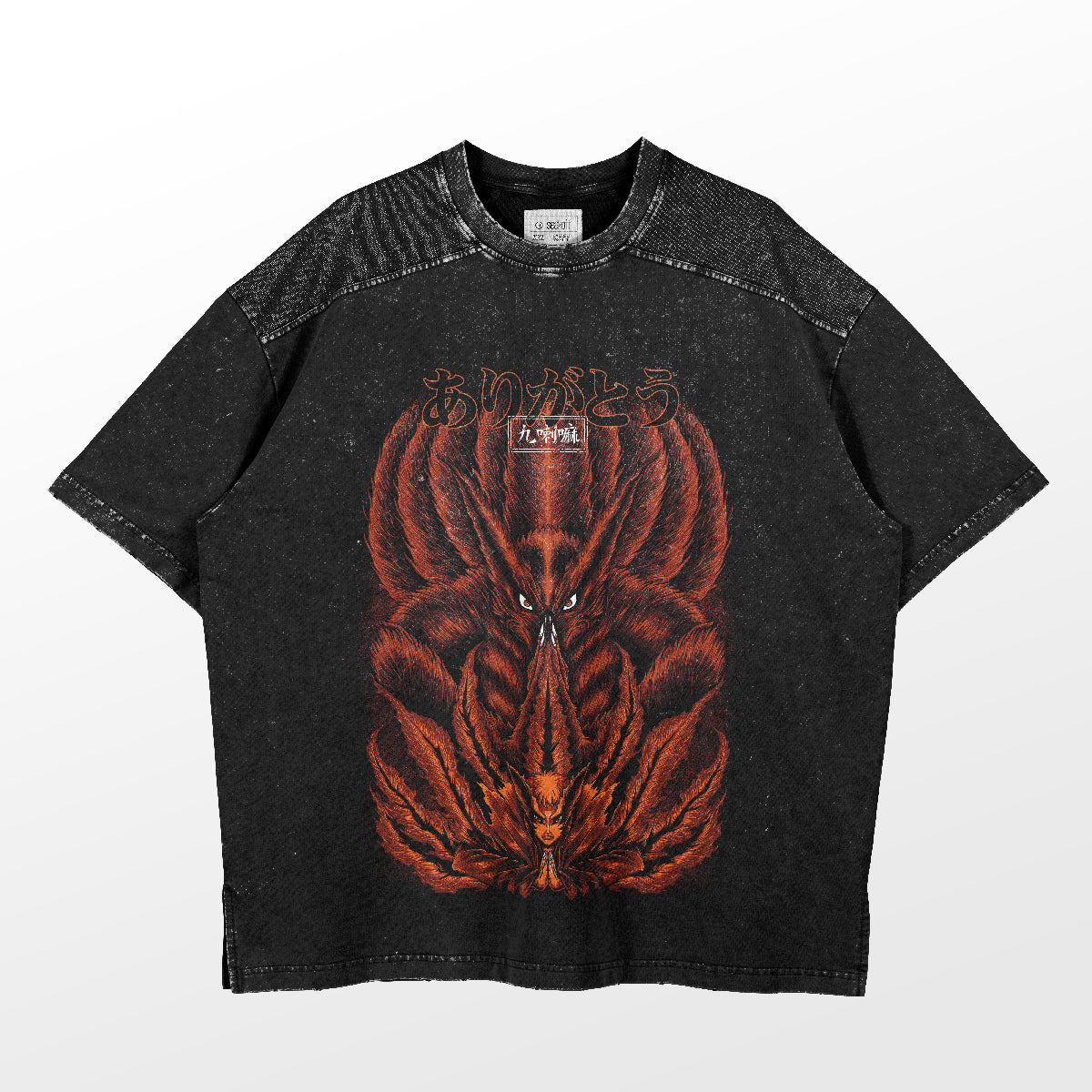 The Naruto Kurama T-Shirt by Naruto features a vertically mirrored black design with an intricate red-orange mythical creature and Japanese text. It has a speckled texture and short sleeves, ideal for any fan of Naruto apparel. .