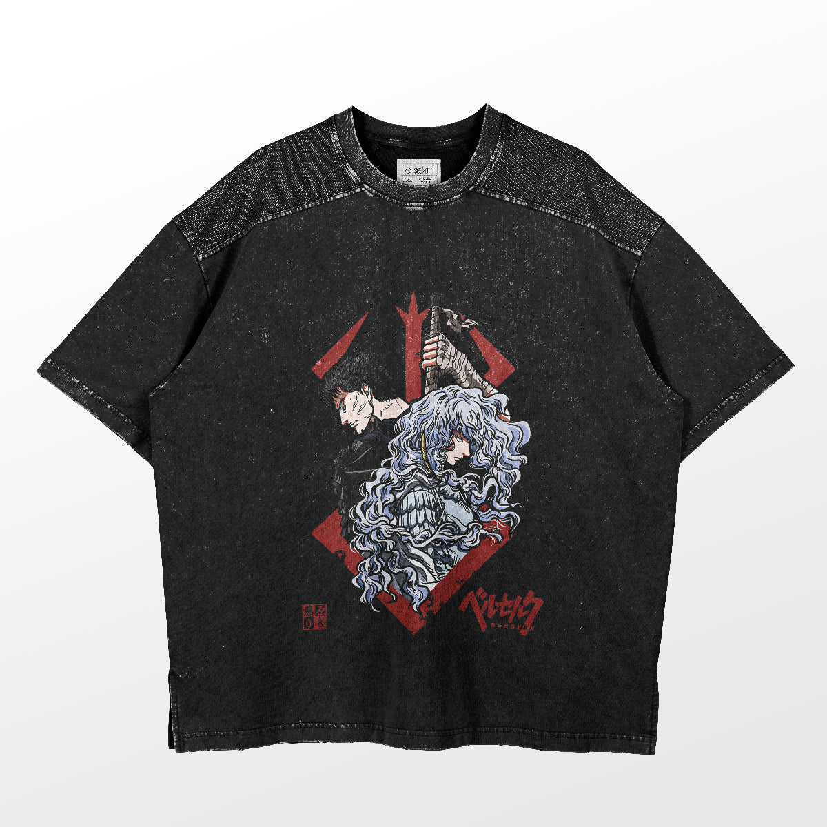 The Berserk-inspired oversized tee in washed black features a dynamic graphic of Guts & Griffith, highlighted with stylized hair and a red geometric backdrop. Text, symbols, and a unique textured fabric pattern complete this statement streetwear piece.