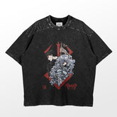 The Berserk-inspired oversized tee in washed black features a dynamic graphic of Guts & Griffith, highlighted with stylized hair and a red geometric backdrop. Text, symbols, and a unique textured fabric pattern complete this statement streetwear piece.