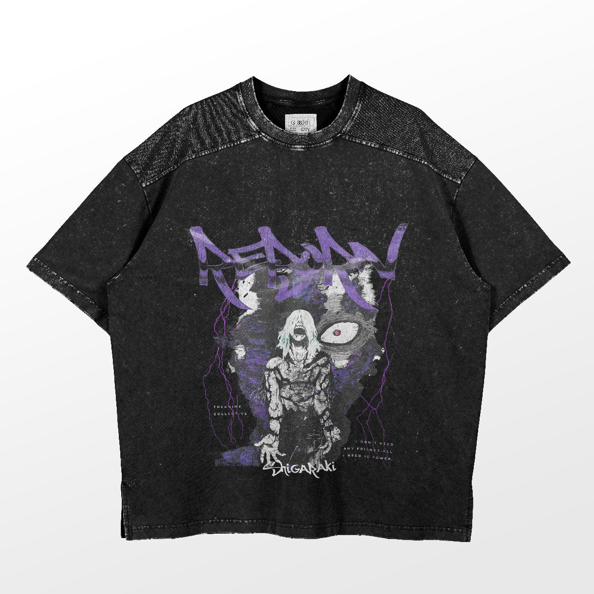 The SEAKOFF Shigaraki Tomura Shirt is a black speckled cotton tee showcasing a white-haired anime character illustrated in purple, surrounded by abstract patterns. "ANAN" is printed above with text below, perfect for casual summer wear.