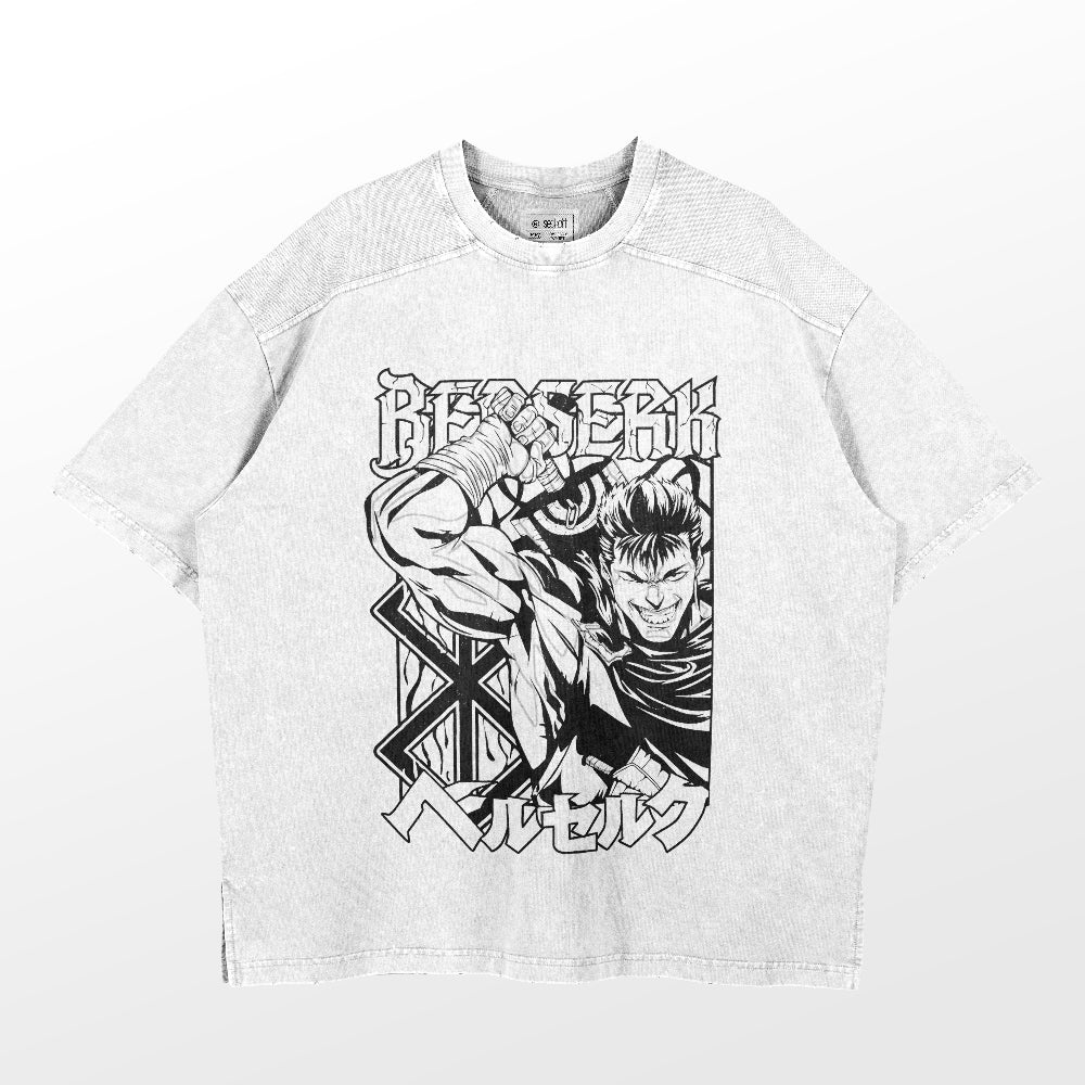This vintage streetwear staple, the Berserk Guts Dynamic Pose T-Shirt, features a monochrome graphic of Guts with his sword. "Berserk" appears in bold above, with Japanese text below for authenticity. Made from 260 GSM high-quality cotton for anime streetwear enthusiasts.