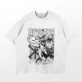 This vintage streetwear staple, the Berserk Guts Dynamic Pose T-Shirt, features a monochrome graphic of Guts with his sword. "Berserk" appears in bold above, with Japanese text below for authenticity. Made from 260 GSM high-quality cotton for anime streetwear enthusiasts.