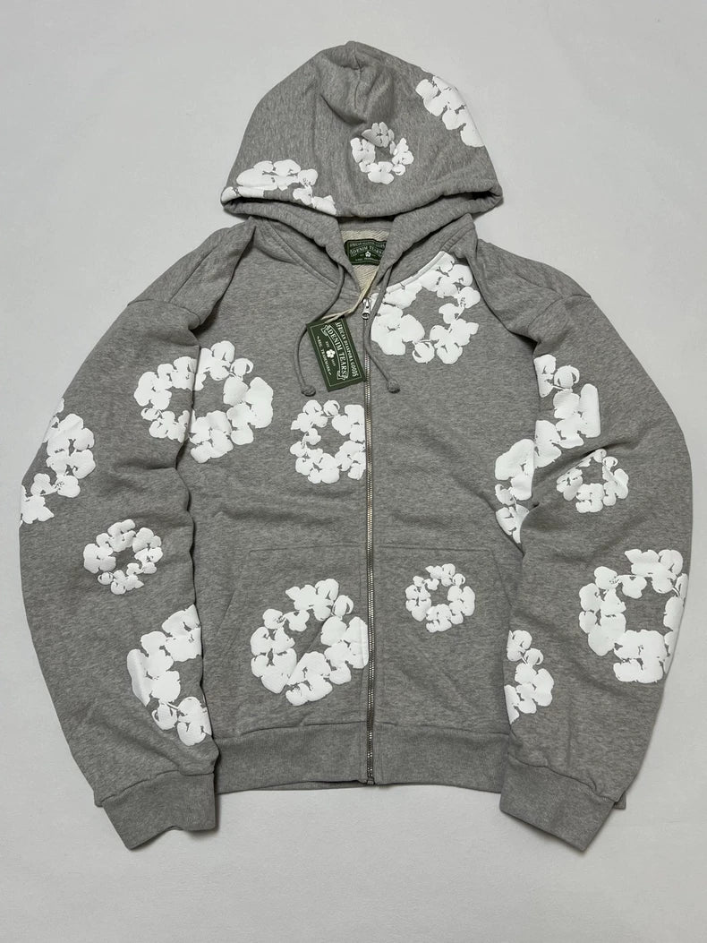Grey Denim Tears Hoodie | Cotton Wreath Puff Print Zip-Up – Seakoff