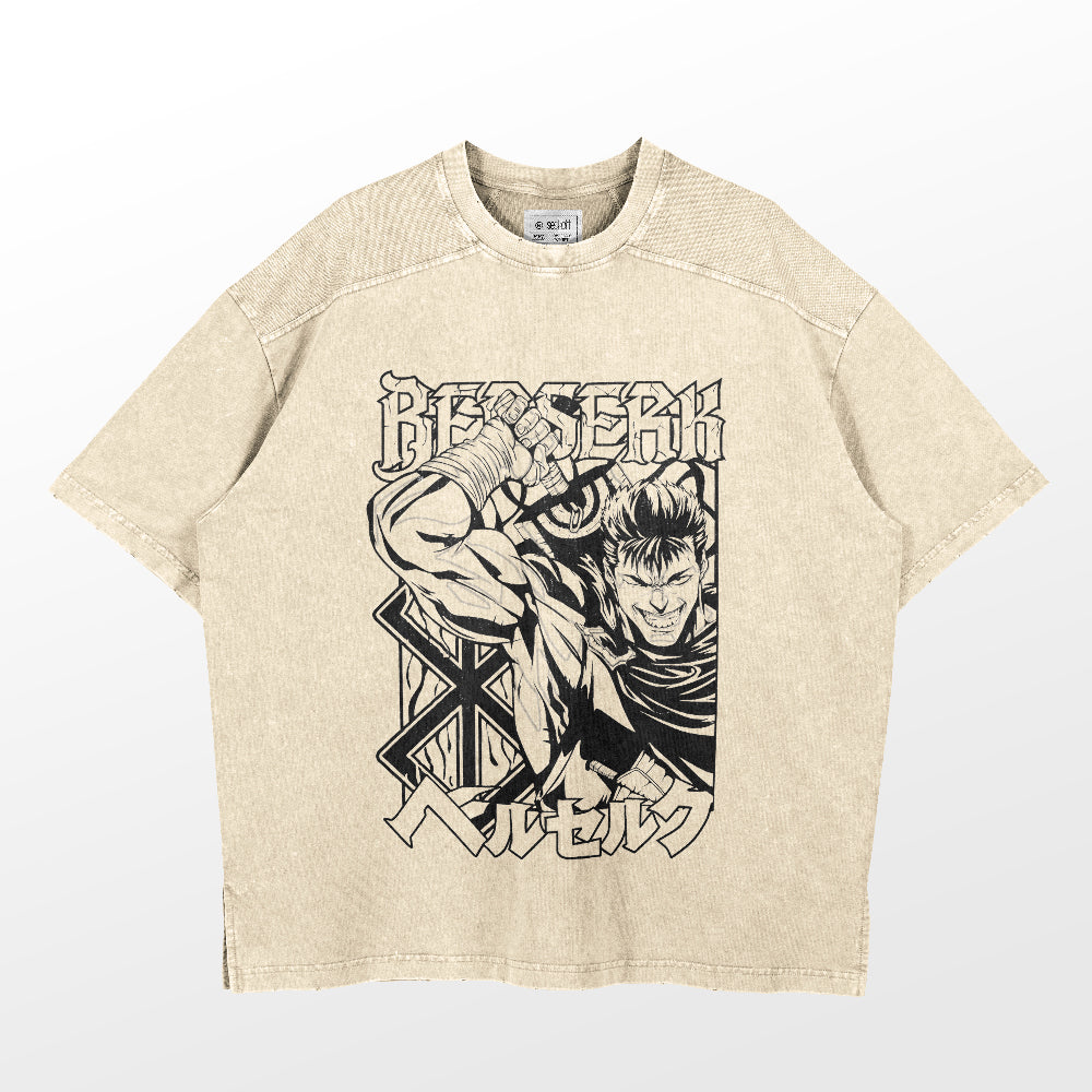 The Berserk Guts Dynamic Pose Washed Vintage T-Shirt, made of 260 GSM high-quality cotton, features a muscular character with an intense expression and the bold “BERSERK” logo in black and white on a beige background, accompanied by additional designs.