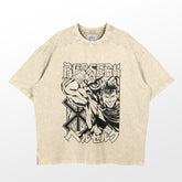 The Berserk Guts Dynamic Pose Washed Vintage T-Shirt, made of 260 GSM high-quality cotton, features a muscular character with an intense expression and the bold “BERSERK” logo in black and white on a beige background, accompanied by additional designs.