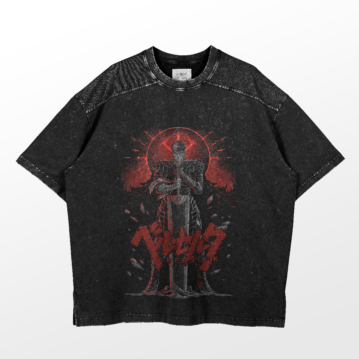 The Berserk-Inspired Graphic T-Shirt features a Guts-like warrior against a red sun, with "Berserk" text beneath. This washed black oversized tee has speckled shoulders for style.