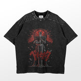 The Berserk-Inspired Graphic T-Shirt features a Guts-like warrior against a red sun, with "Berserk" text beneath. This washed black oversized tee has speckled shoulders for style.