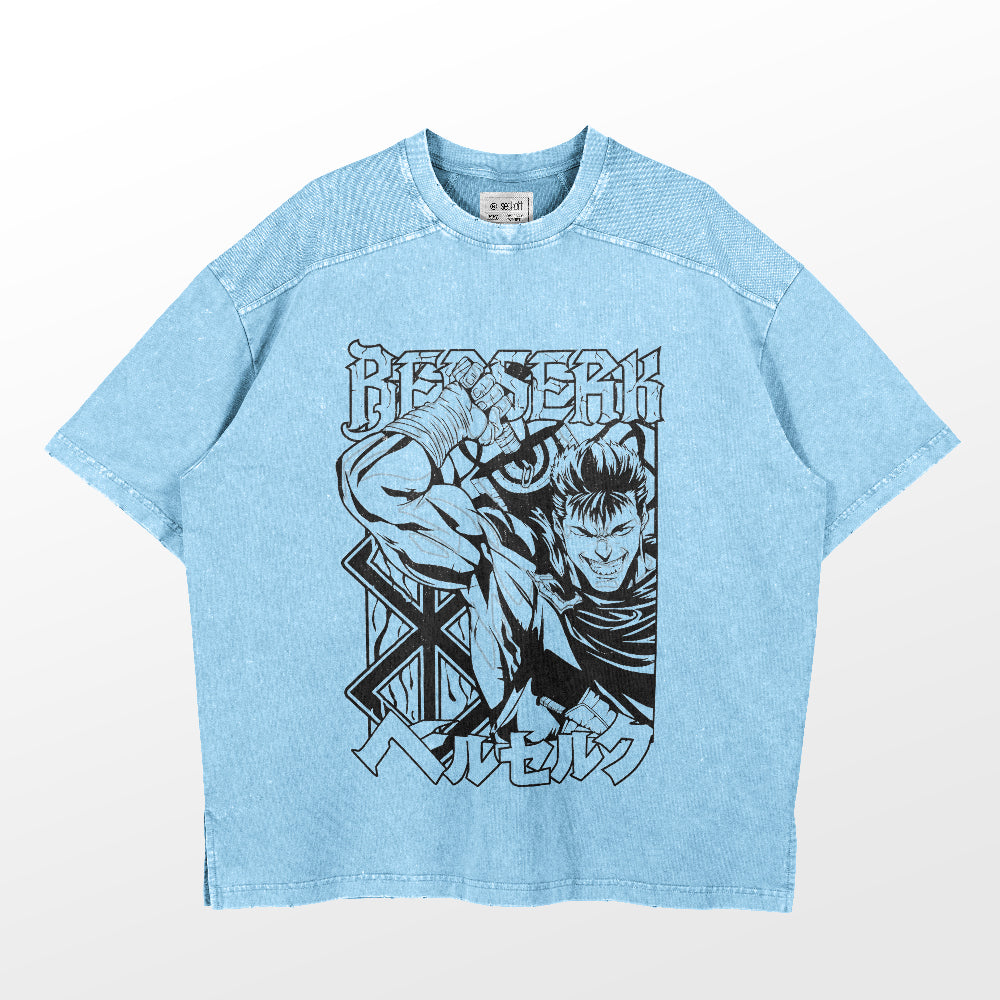 The Berserk Guts Dynamic Pose Washed Vintage T-Shirt, from the brand Berserk, features a muscular character with a sword and stylized text on light blue. Made of 260 GSM high-quality cotton, this round-neck, short-sleeve shirt offers a sleek anime streetwear look on a white background.