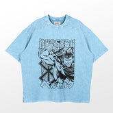 The Berserk Guts Dynamic Pose Washed Vintage T-Shirt, from the brand Berserk, features a muscular character with a sword and stylized text on light blue. Made of 260 GSM high-quality cotton, this round-neck, short-sleeve shirt offers a sleek anime streetwear look on a white background.