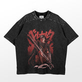 This Berserk-Inspired Graphic T-Shirt features Guts with the iconic Dragonslayer sword on a washed black oversized tee. Bold "Berserk" text enhances the design, making it a perfect streetwear piece for any fan&