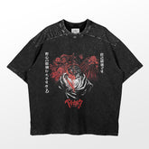 The “Fury Unleashed” Berserk-Inspired Graphic T-Shirt features Guts surrounded by Japanese text in a bold red and white illustration. This washed black, oversized tee has a distressed finish perfect for manga or anime fans.