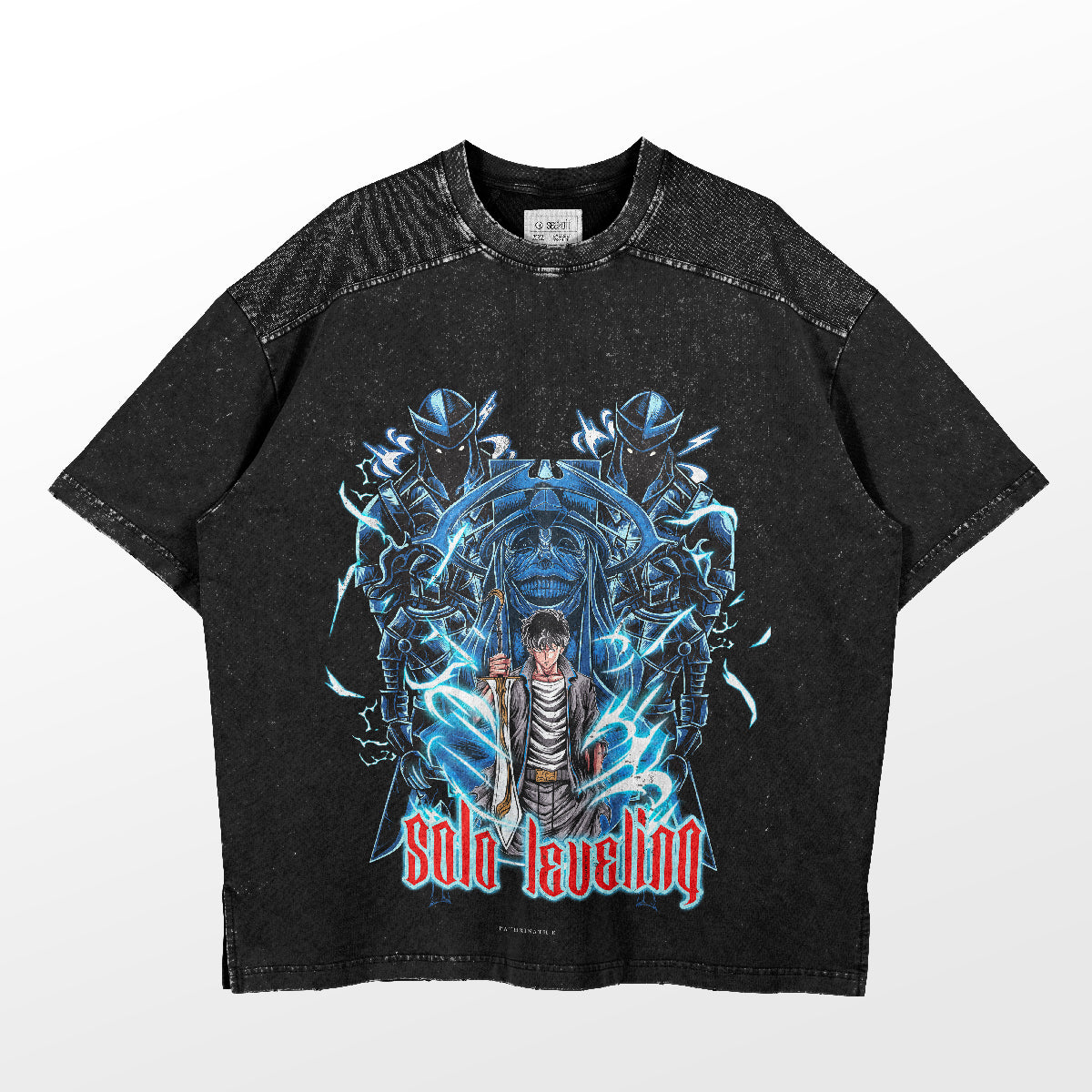 The Vintage Solo Leveling Anime Graphic Tee by Solo Leveling features a hunter with a sword surrounded by armored characters in blue on a black tee. "Solo Leveling" is prominently printed in red at the bottom, offering premium quality and a classic design.