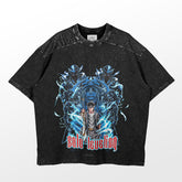 The Vintage Solo Leveling Anime Graphic Tee by Solo Leveling features a hunter with a sword surrounded by armored characters in blue on a black tee. "Solo Leveling" is prominently printed in red at the bottom, offering premium quality and a classic design.
