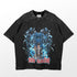The Vintage Solo Leveling Anime Graphic Tee by Solo Leveling features a hunter with a sword surrounded by armored characters in blue on a black tee. "Solo Leveling" is prominently printed in red at the bottom, offering premium quality and a classic design.