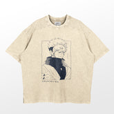 Beige Jujutsu Kaisen Sukuna Washed Vintage T-Shirt features a central black graphic of anime character Sukuna with spiky hair and a serious expression. Japanese text enhances its streetwear style. Made from 260 GSM high-quality cotton, it has a relaxed fit.