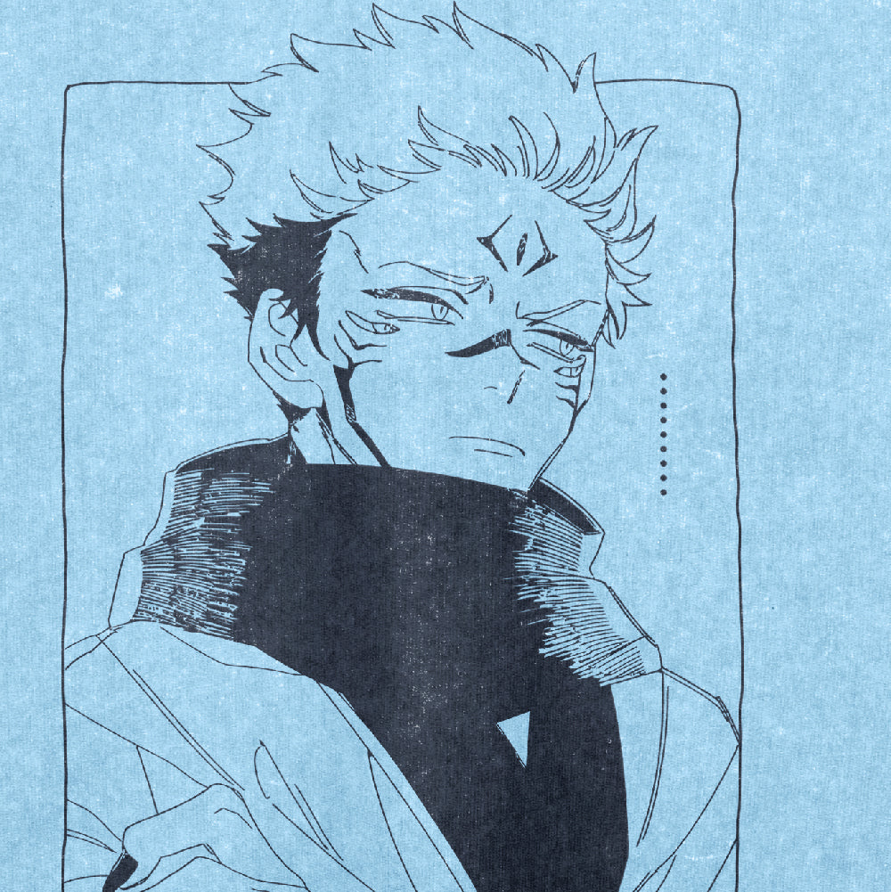 Black and white illustration of an anime character resembling Sukuna from Jujutsu Kaisen, featuring spiky hair, facial markings, and a high-collared jacket with shadows on the right side. A perfect design for the Jujutsu Kaisen Sukuna Washed Vintage T-Shirt, crafted from 260 GSM high-quality cotton anime streetwear.