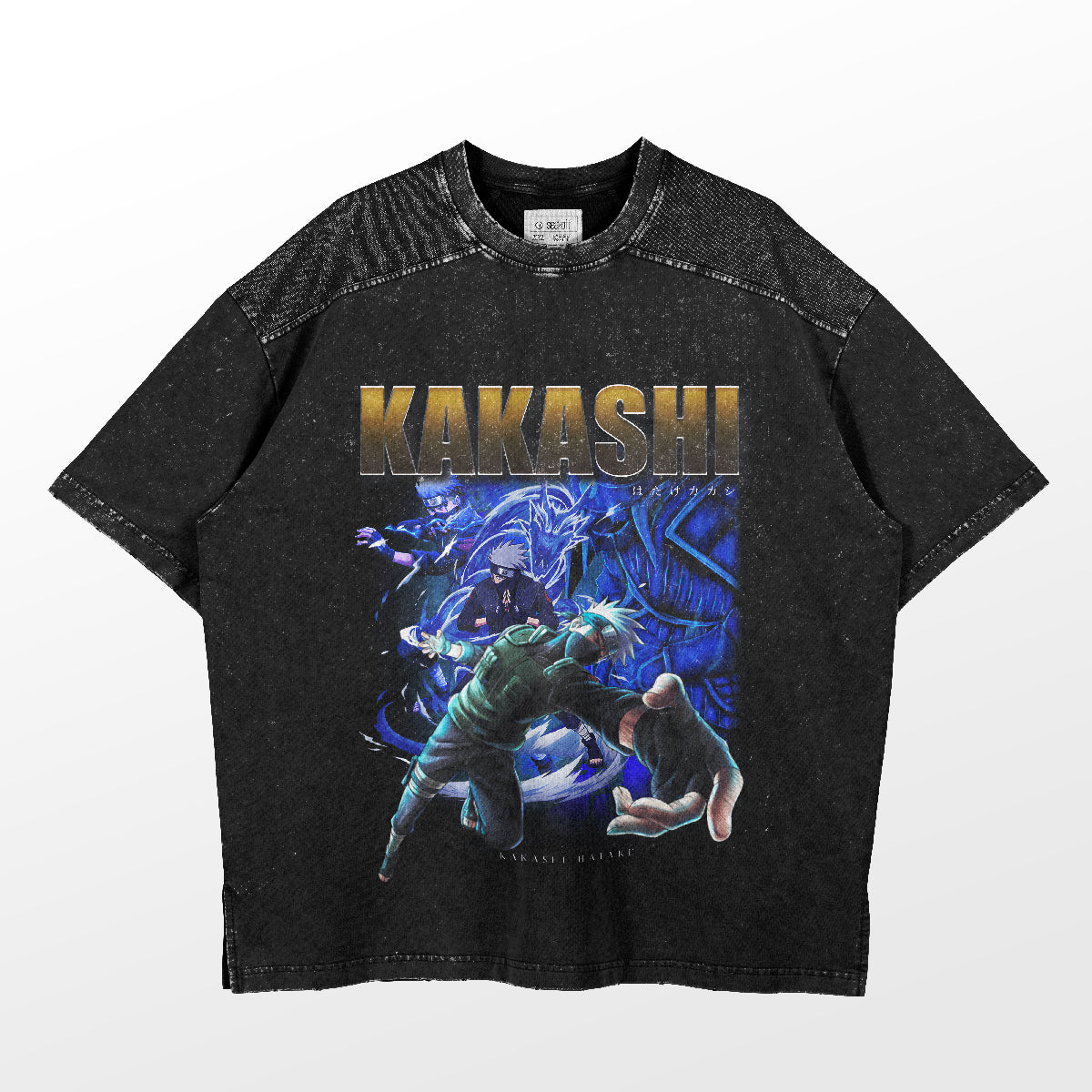 The Naruto Kakashi T-Shirt by Naruto is perfect for anime enthusiasts, featuring a dynamic graphic with bold "KAKASHI" text and a blue-toned action scene, ideal for conventions.