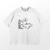 The Jujutsu Kaisen Megumi Fushiguro Washed Vintage T-Shirt, featuring a line drawing of Megumi with a wolf and stylized text, offers a casual oversized fit for comfort and style in 260 GSM premium cotton against a plain white backdrop.