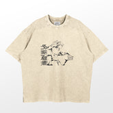 The Jujutsu Kaisen Megumi Fushiguro Washed Vintage T-Shirt in beige features a black graphic of Megumi with a stylized creature and Japanese text, enhancing its nostalgic vibe and loose fit, made from 260 GSM premium cotton.