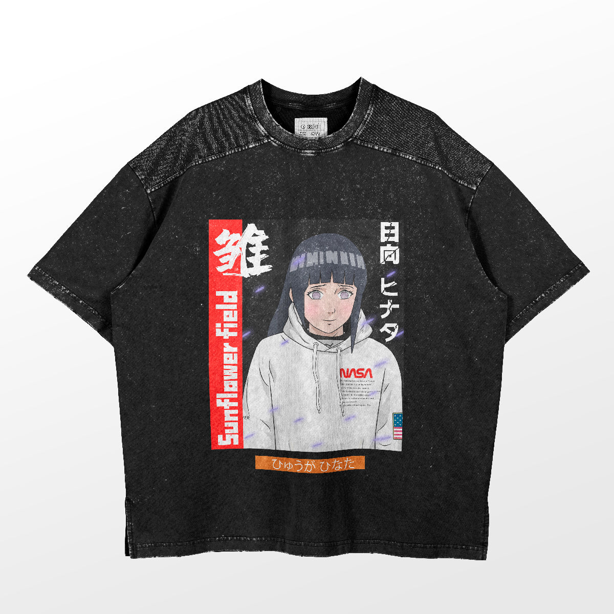 The Hinata Hyuga NASA T-Shirt by Naruto is a high-quality anime apparel piece featuring a black speckled design with an illustrated hoodie-wearing character. It includes "Sunflower Field" and "NASA" in English and Japanese, accented with red and white graphics, ideal for anime fans.