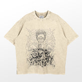 The Jujutsu Kaisen Sukuna Washed Vintage T-Shirt by Jujutsu Kaisen features a beige short-sleeve design in 260 GSM premium cotton, showcasing an intricate black line drawing of a figure with swirling patterns and an anatomical ribcage, reminiscent of Sukuna from the anime.