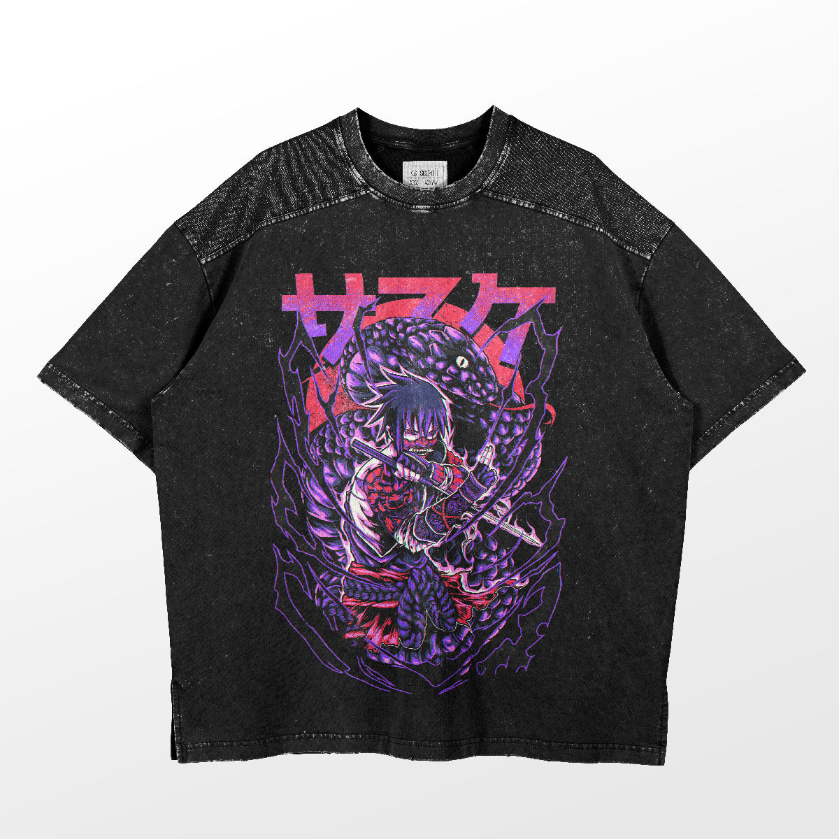 The Sasuke Uchiha Orochi Form T-Shirt from Naruto flaunts a bold Naruto Shippuden design. It shows an anime character with purple hair and a weapon, set amid vibrant purple and red patterns with Japanese text above. The shirt features washed texture and black mesh shoulder panels.