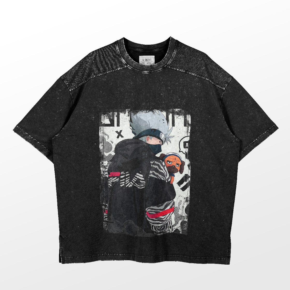 The Naruto Kakashi with Pakkun T-Shirt by Naruto features an anime-style graphic reminiscent of Kakashi Hatake, complete with a mask and small spherical object. It has a worn, textured look with speckled patterns on the shoulders and sleeves for added character.