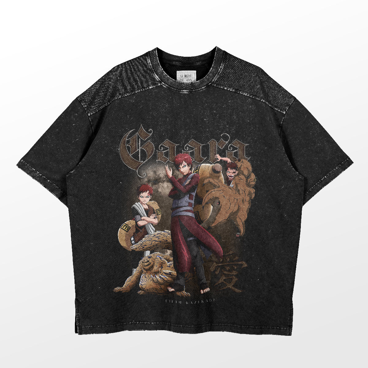 This Gaara Character T-Shirt from the Naruto brand features dynamic illustrations of Gaara with sandy textures and a bold, colorful design. Perfect high-quality anime apparel for enthusiasts.