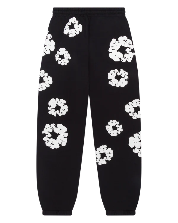 Black “Cotton Wreath” Denim Tears Sweatpants – White Floral Print Streetwear Pants