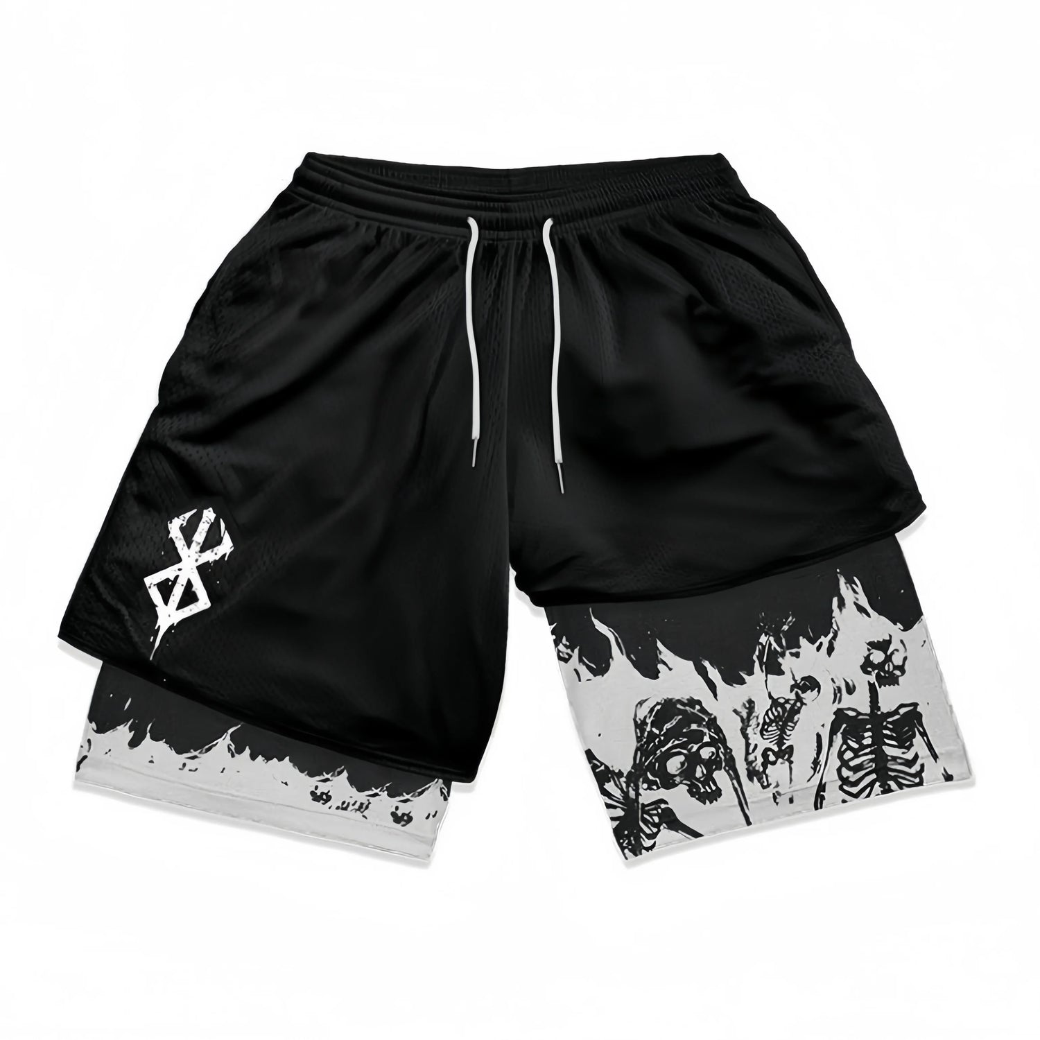 The Berserk-Inspired Gym Shorts feature a black outer layer with a white drawstring and an underlayer showcasing a Dark Flame and Skeleton graphic. Perfect for anime and fitness fans, the shorts include the Brand of Sacrifice symbol on the left side.