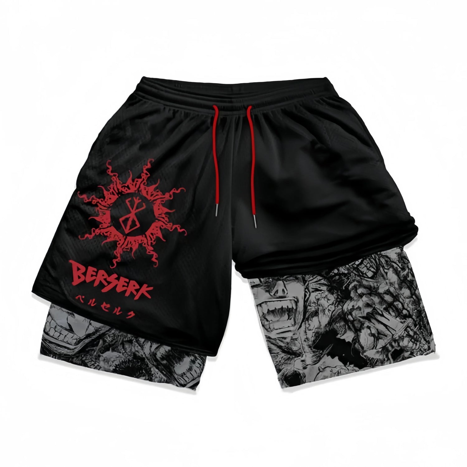 Berserk-Inspired Gym Shorts feature a "Brand of Sacrifice" graphic with red drawstrings. The left leg displays a red logo in English and Japanese, while the lining showcases intense facial expressions, perfect for anime workout apparel.