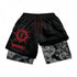 Berserk-Inspired Gym Shorts feature a "Brand of Sacrifice" graphic with red drawstrings. The left leg displays a red logo in English and Japanese, while the lining showcases intense facial expressions, perfect for anime workout apparel.
