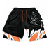 Chainsaw Man-Inspired Gym Shorts with Liner by Chainsaw Man feature a Devil Hunter hand design on black fabric, accented with orange and white concentric spirals and jagged shapes, mimicking Chainsaw Man themes. They have a black waistband with orange drawstrings.
